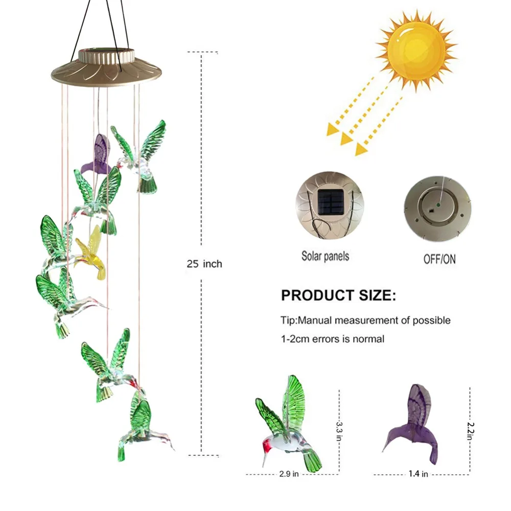 Солнечный светильник Колибри, ветряной колокольчик, меняющий цвет, светодиодный светильник на солнечной батарее, для виллы, двора, украшения сада, ландшафтный светильник ing