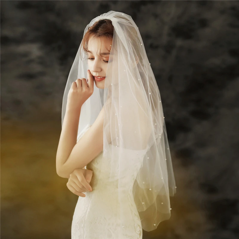 

Fashion Bride Wedding Headwear Beading Two-Layer Cut Edge Bridal Veils
