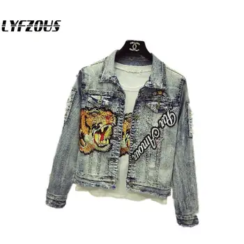 

Student Girl Tiger Embroidery Denim Jacket Patch Tassel Short Jean Jackets Female Outwear Plus Size Denim Coat Jaqueta Feminina