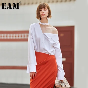 

[EAM] Women White Hollow Out Temperament Blouse New Stand Collar Long Sleeve Loose Fit Shirt Fashion Spring Autumn 2020 1D136