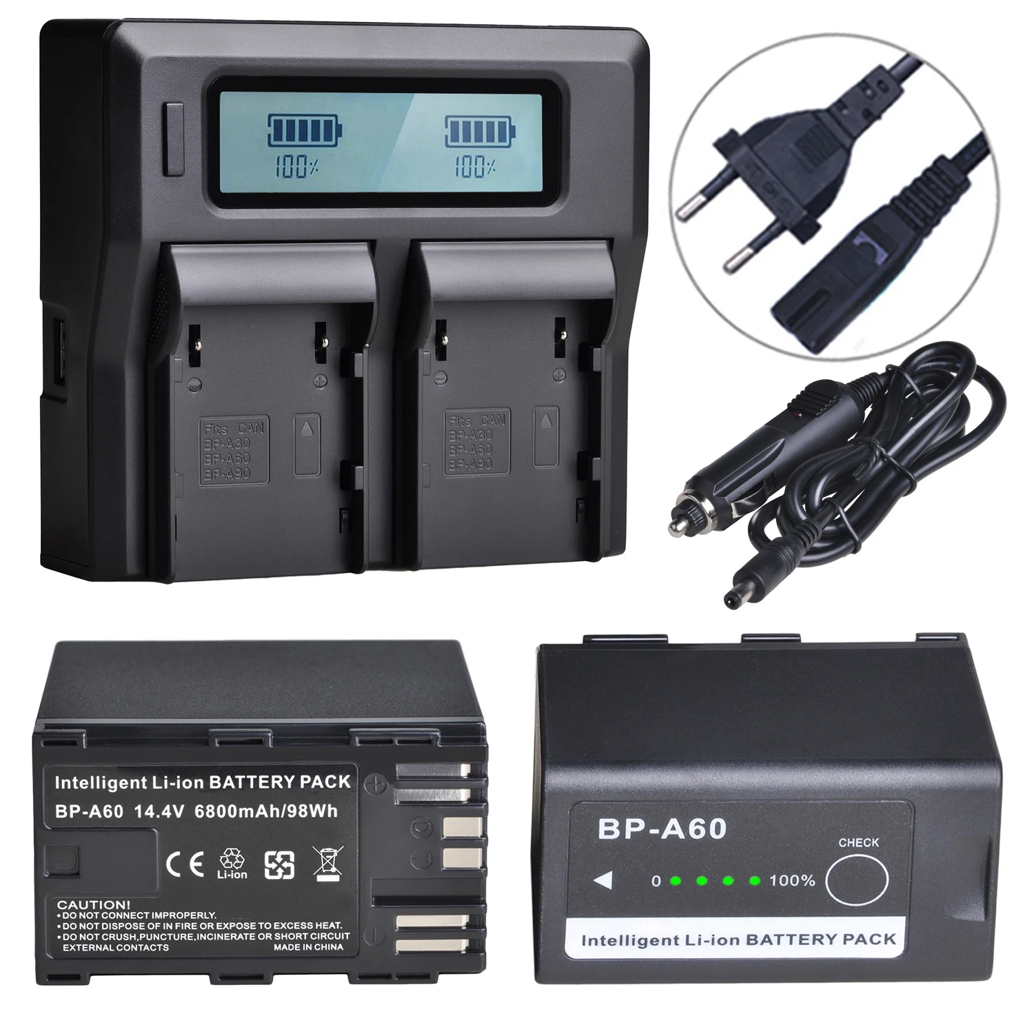 2Pcs 6800mAh BP-A60 BP A60 Battery + LCD Dual Charger for Canon CA-CP200L, EOS C200, C200 PL, C200B, C300 Mark II, XF705 