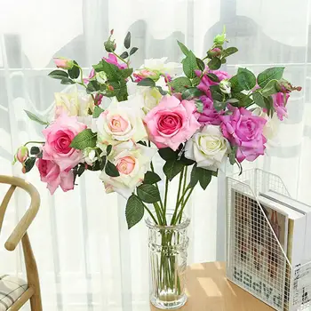 Artificial Rose Flowers Living Room Decor Pink Silk Fake Flower Bouquet for Home Wedding Decoration Large DIY Craft Faux Flower