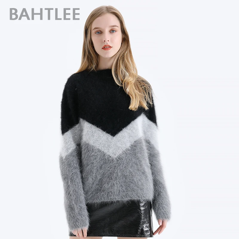 

BAHTLEE Women Angora V-neck Pullovers Sweater Autumn Winter Wool Knitted Geometric Designs Jumper Long Sleeves Loose style