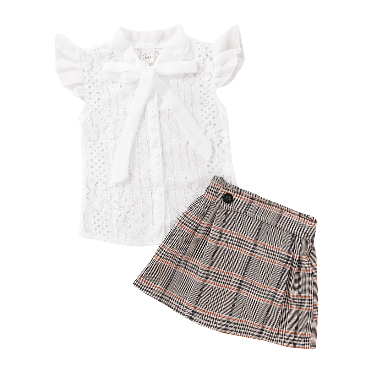 

2pcs Kids Baby Girl Summer Clothes Lace Bowknot Ruffles Sleeve Tops+Pleated Plaids Skirt Outfit Set 1-6Y