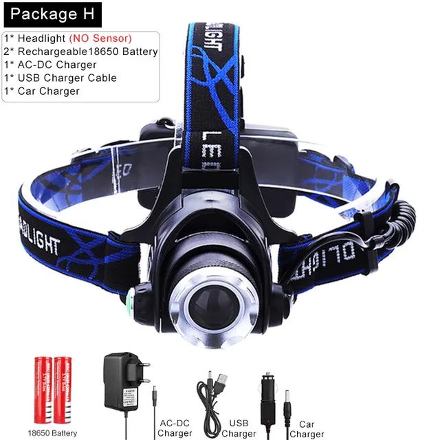 package H Супер яркий светодиодный налобный фонарь движения тела Сенсор T6/L2/V6 USB Перезаряжаемые светодиодный головной светильник Фонарь налобный фонарь светодиодный налобный фонарь светильник Кемпинг рыбы - Испускаемый цвет: package H