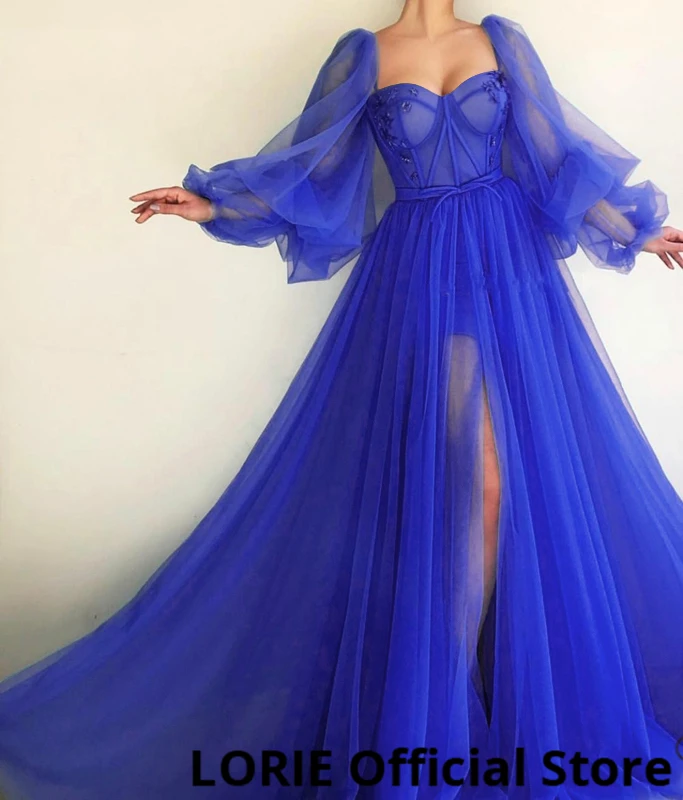 LORIE 2019 Long Puffy Sleeve Blue Prom Dresses Tulle Backless Lacing Evening Gowns Evening Party Gown Robe De Soiree Plus Size