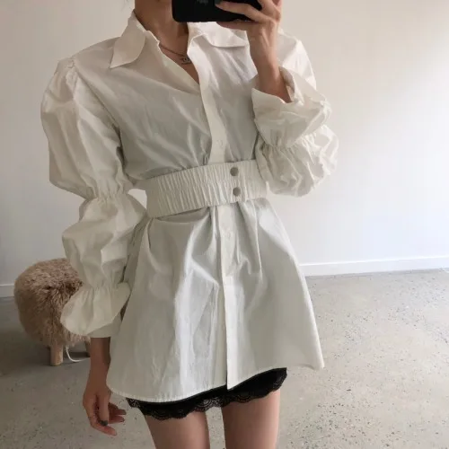 Neploe, женская элегантная блузка, длинный рукав, средняя длина, топ, Blusas, эластичный пояс, тонкая талия, рубашка,, Корейская однотонная одежда 56281 - Цвет: white