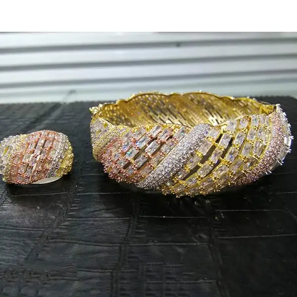 2pcs Set Tricolor GODKI, новинка, роскошный геометрический браслет, 3 шт., серьги, кольцо, ювелирные наборы для женщин, для свадьбы, кубический цирконий, помолвка, Дубай, ювелирные наборы - Окраска металла: 2pcs Set Tricolor