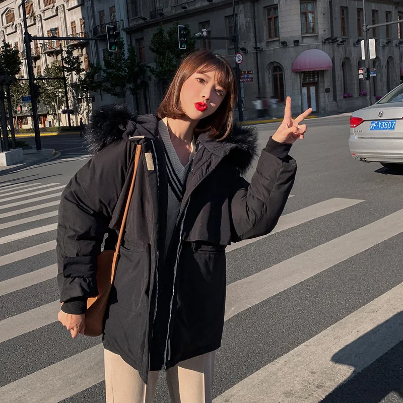 

Fashion Large Fur Collar Cotton Coat Thick Warm GIRL'S 2019 Fall And Winter Clothes New Style College Style Students down Coat