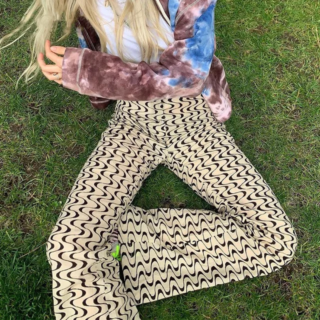 Ladies Casual Boot Pants Adult Color Block Wave Print High Waist Trousers 2021 Summer And Autumn Casual High Street Personality Khaki
