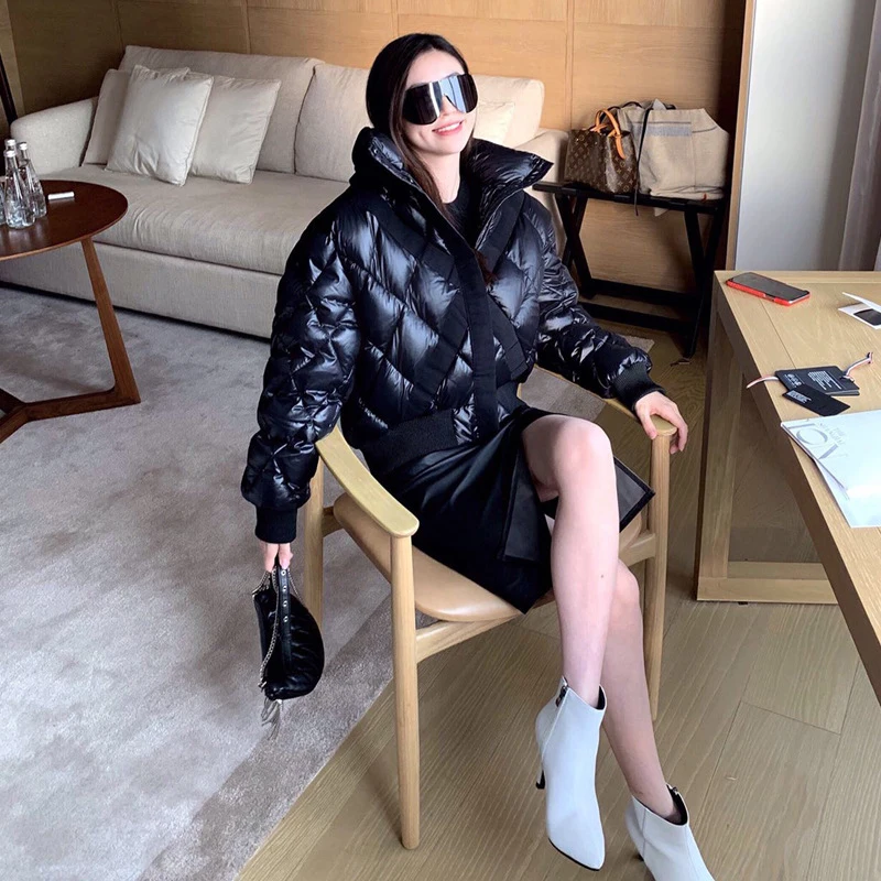 

Winter 2020 Female Jacket White Duck Down Short Grid Stitching Parkas Coat Thick Warm Loose Casual Oversized Women Jacket A65