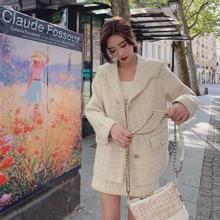 Heydress осенне-зимние женские шерстяные пальто с отложным воротником OL двубортный Блейзер Женский Элегантный комплект из двух предметов - Цвет: Бежевый