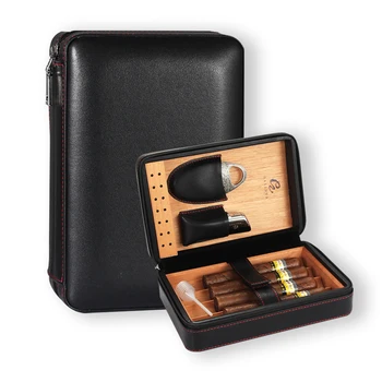 

GALINER Cigar Humidor Case Leather Portable Wood Travel Humidor Humidifier Puro Box W/ lighter Cigar Cutter Set Gift Box
