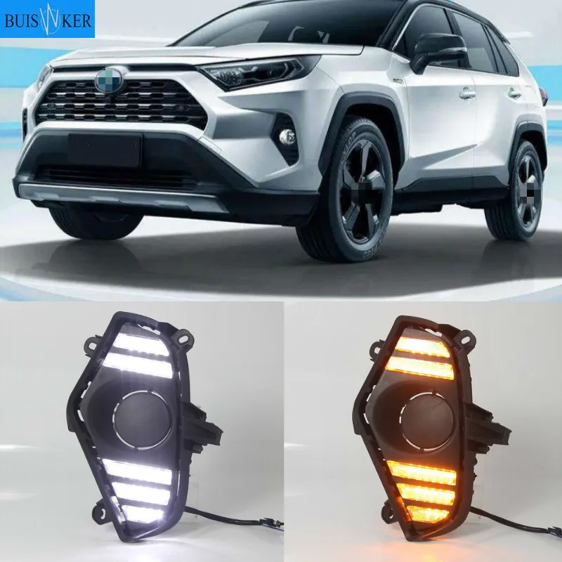 

2 шт. DRL для Toyota RAV4, 2019, 2020 светодиодный светильник дневного света, водонепроницаемый, с потоком, желтый, с поворотным сигналом, бампер