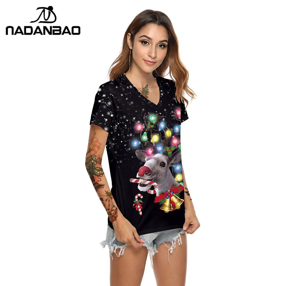 NADANBAO New Year Short Sleeve Tops For Women Merry Christmas T-shirt Elk Printing T Top Jingle Bell Female Clothing