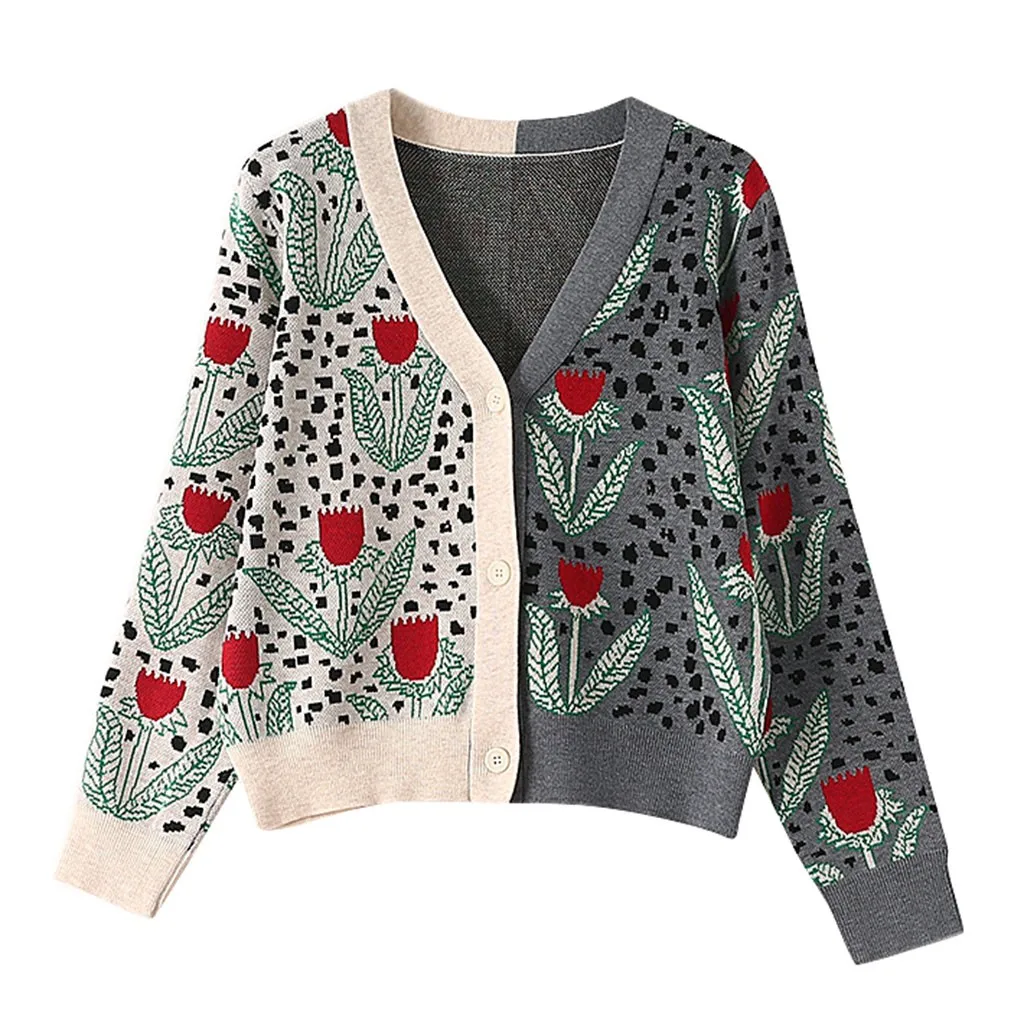 

JAYCOSIN Knitted Sweater Tops Women Autumn Winter Casual Flower Color Matching Sweater Cardigan Female Soft Bottom Knitwear