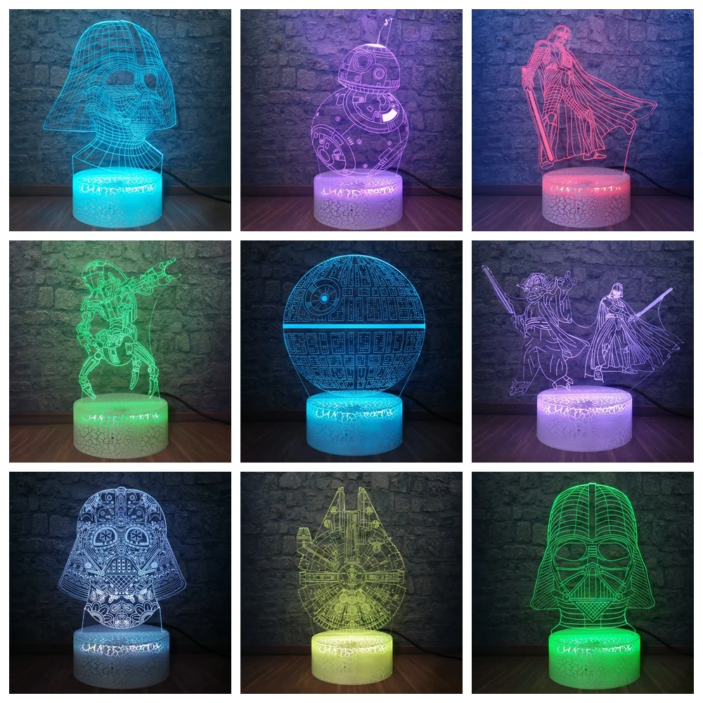 3D Star Wars figura 7 colores LED lámparas de noche ilusión creativa Visual BB8 Death Star War Yoda lámpara de cine Fans chico iluminación regalo