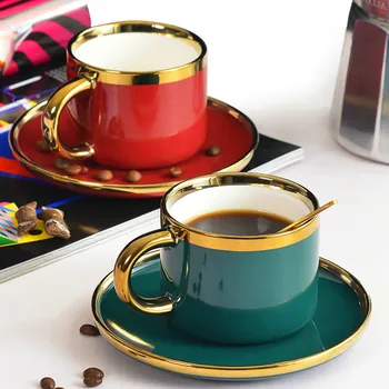 

Luxury European Ceramic Coffee Cup Set with Spoon Green Red Textured Porcelain Cup High Quality Teacup and Saucer Gift MM60BYD