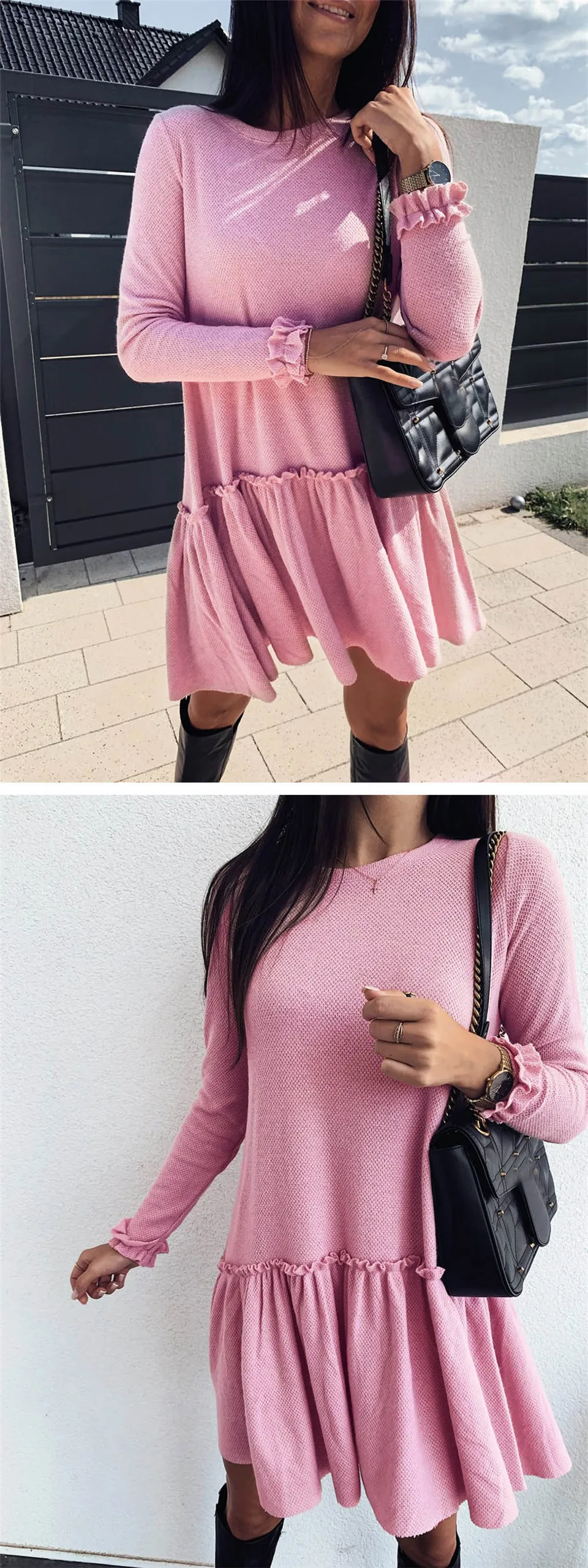 Women Autumn A-Line Dress Patchwork Design Ruffles Decor O-Neck Long Sleeve Solid Color Mini Dress Elegant Lady Casual Dress
