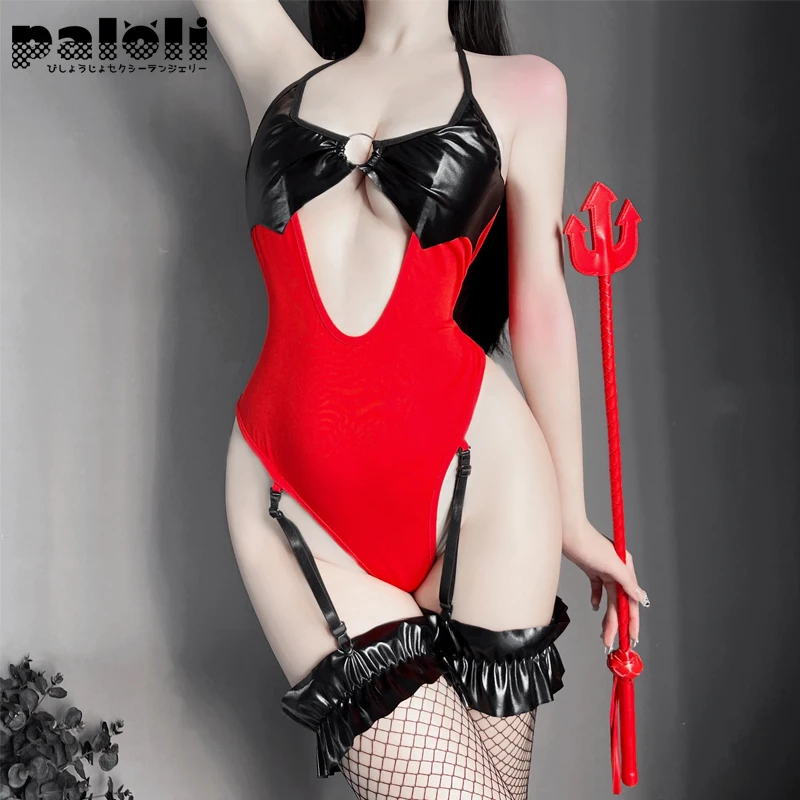 Sexy Succubus Cosplay Leather Lingerie Red Bodysuit Halter V Neck
