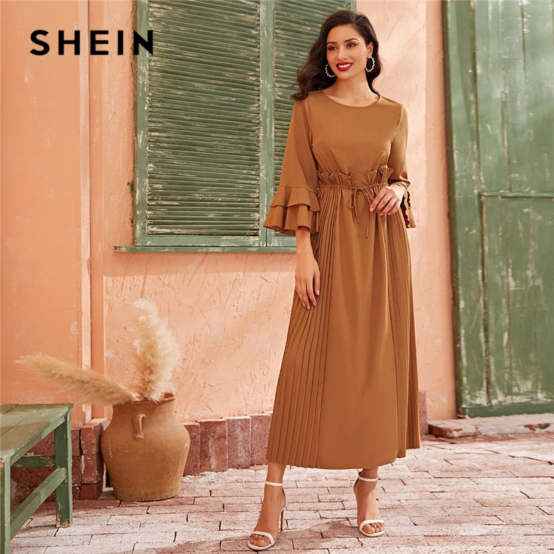 SHEIN Camel, элегантное Плиссированное многослойное платье с рукавами-колокольчиками и рюшами, женские платья макси с высокой талией, осень