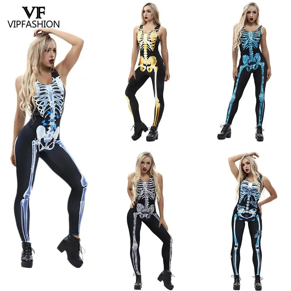 

VIP FASHION Female body Halloween Costumes For Women 3D Sleeveless Skeleton Jumpsuits Party Costume