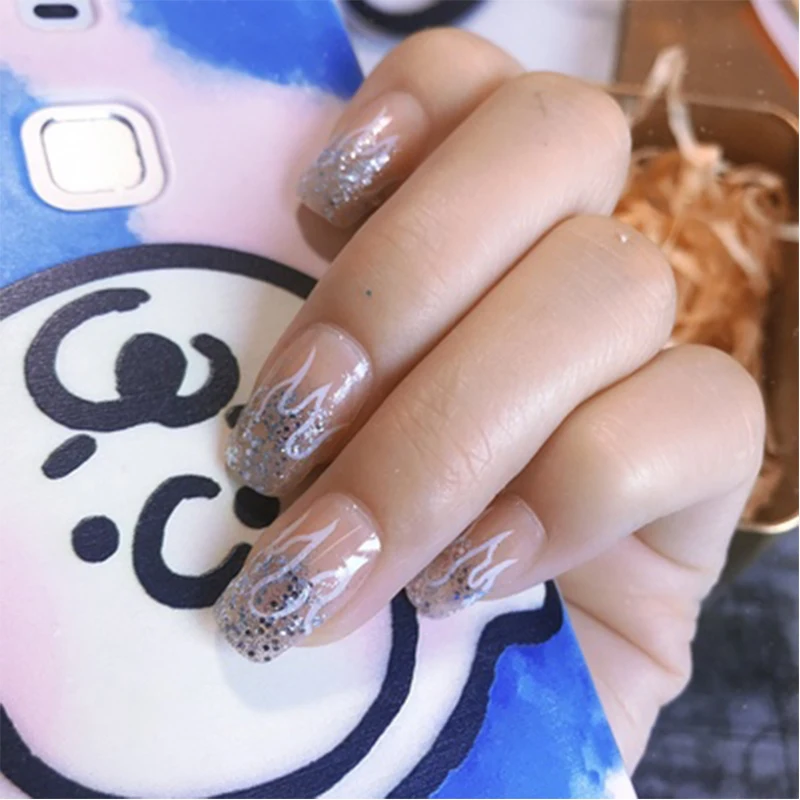 24pcs Silver Powder Flame False Nails Flesh Colored Transparent Square Personality Trendy Wearable Full Cover Fake Nail Tips False Nails Aliexpress