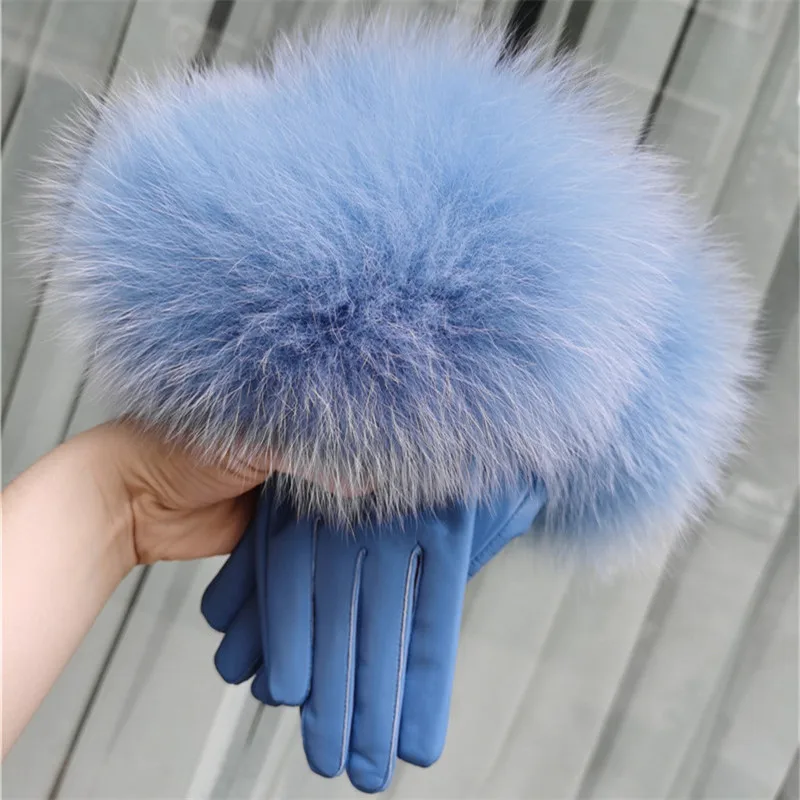 

Female Luxury Real Leather Gloves With Real Fox Fur Cuff Women Warm Winter Genuine Leather Gloves Ladies Casual Hand Warmer