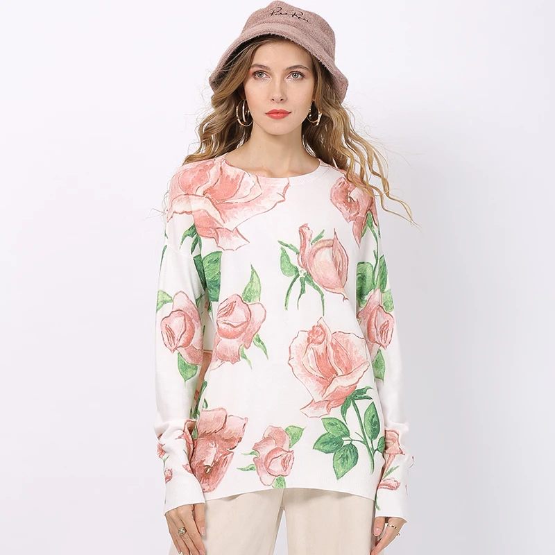 

Floral Print Oversized Sweater Women Winter Clothes Warm Knit Sweater Pullover Women White Sweaters Fashion Jumper Sueter Mujer