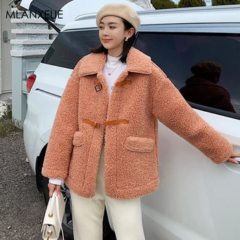 

Short Wool Blend Coat Women Winter Cute Teddy Lamb Faux Fur Jackets Office Lady Solid Plush Woolen Coats Female Outerwear Autumn