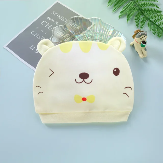 Four Seasons Kids Newborn Baby Hats 100% Cotton Cap 40 Color Cartoon Cute Printed Hat Suitable for 0-12 Months Baby Accessories Cat yellow