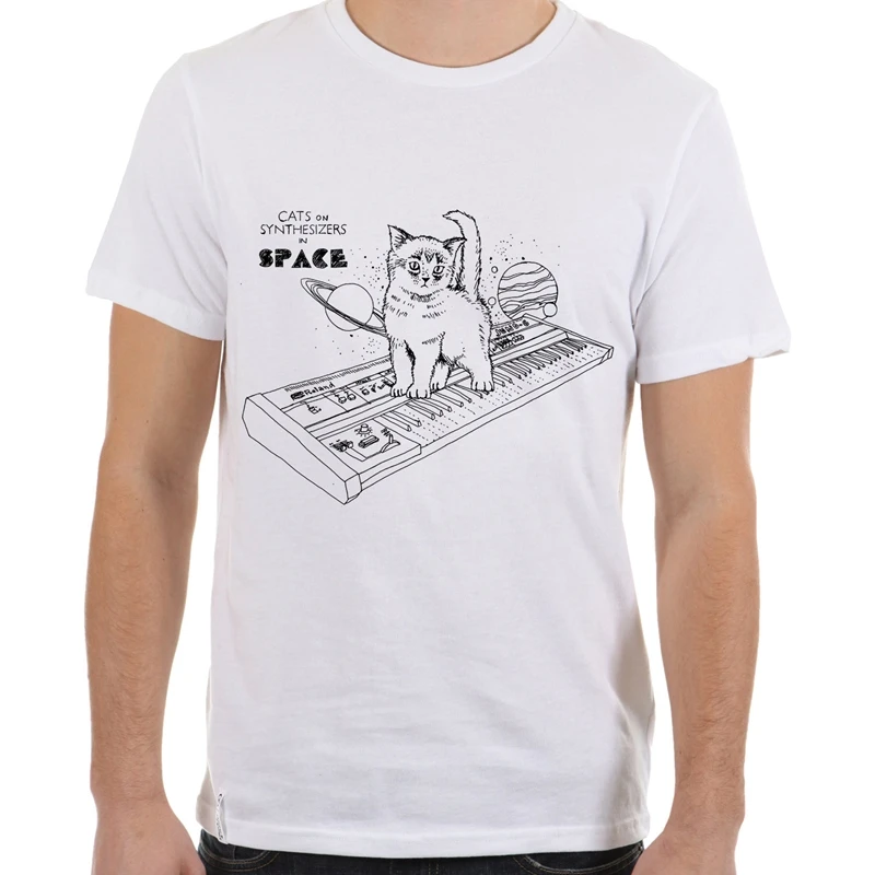 

LUSLOS Cats On Synthesizers In Space Pet Lovers T-Shirt Men Tshirt O-Neck Short Mens Shirts Funny T Shirts Homme Tops Casual Tee