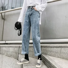 Винтажные синие женские джинсы больших размеров, джинсовые женские джинсы с высокой талией, джинсы для женщин в стиле бойфренд, повседневные свободные хлопковые женские джинсы
