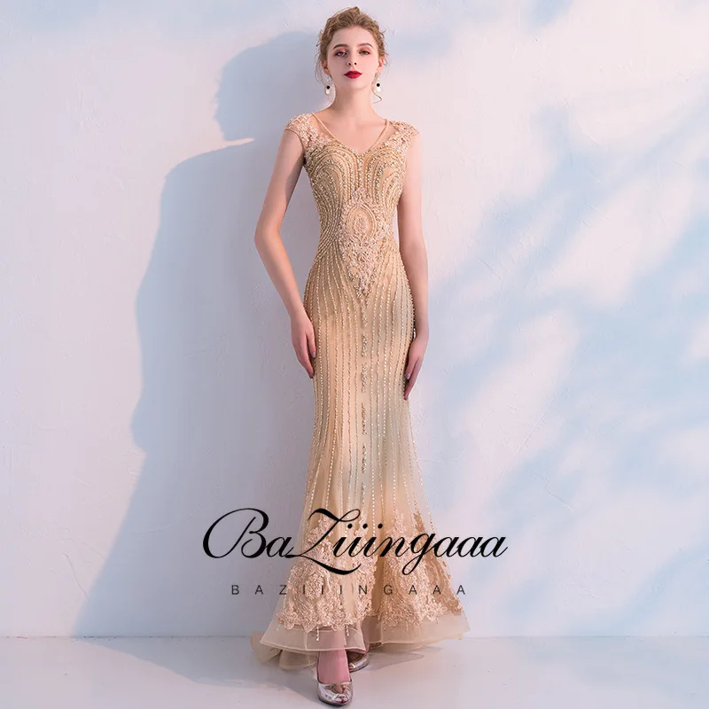 BAZIIINGAAA Luxury Gold Beaded Evening Dress V-Neck Gown Sleeveless Mermaid Design Suitable for Formal Plus Size | Свадьбы и