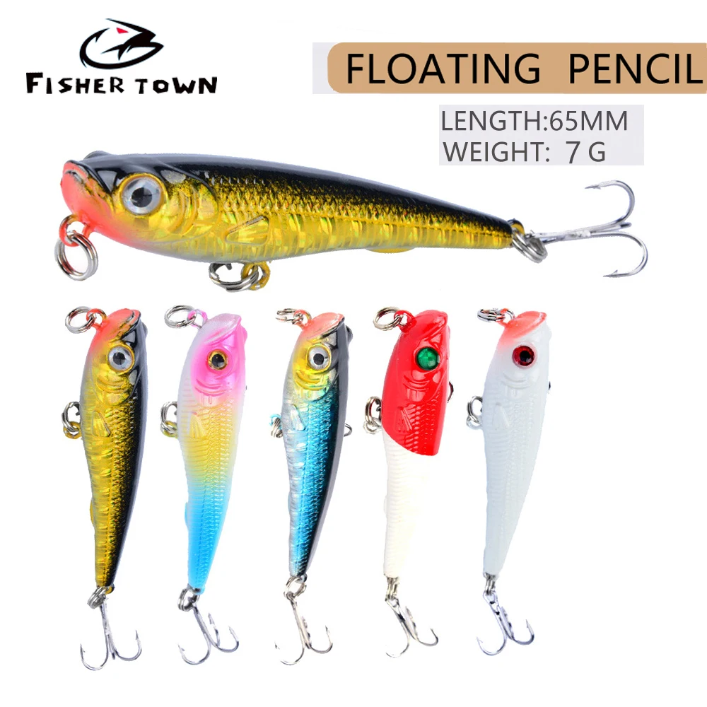

6.5cm/7g Artificial Topwater Popper ABS Plastic Hard Bait Wobbler 6# Hook Pencil Bionic Bait 3D Eyes Sea Fishing Lures