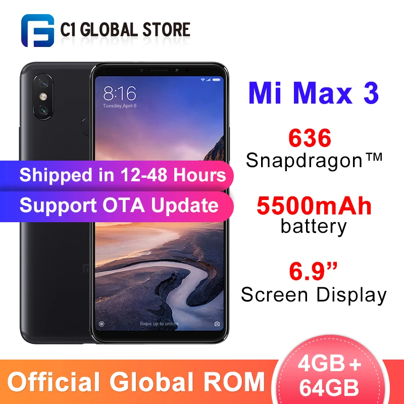 Xiaomi Mi Max 3 смартфон с восьмиядерным процессором Snapdragon 636 ОЗУ 4 Гб ПЗУ 64 ГБ 5500 мАч