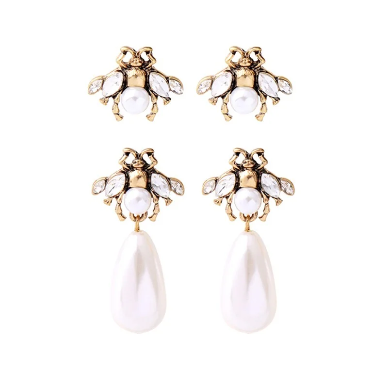 Vintage Gold Color Insects Drop Earrings Imitation Pearls Pendants Earrings Women Fashion Jewelry dangle earrings drop earrings pendant earrings long earrings golden earrings dome teardrop earrings