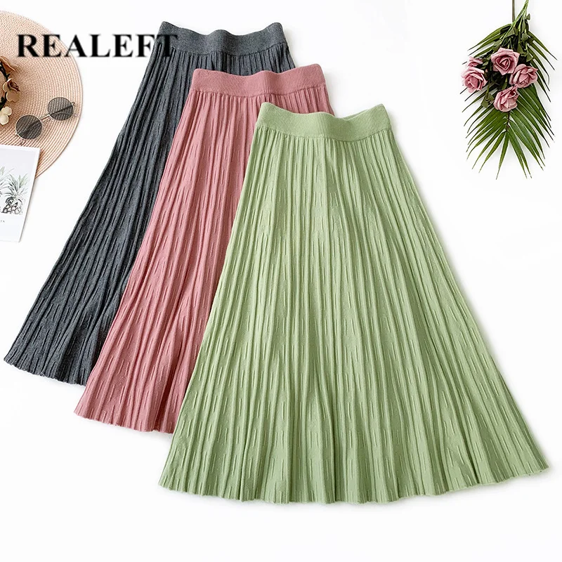 

REALEFT Autumn Winter Warm Women Casual Midi Skirt High Waist Green Knitted A-Line Elegant Knee-Length Skirts Office Lady 2019