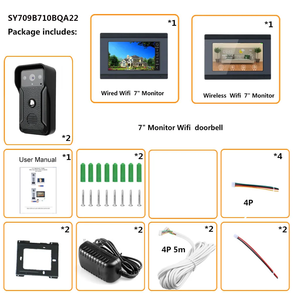 1080P 7 Inch Wireless/WIFI Smart IP Video Doorbell Intercom System with 3 Night Vision Monitor+ 2 Camera
