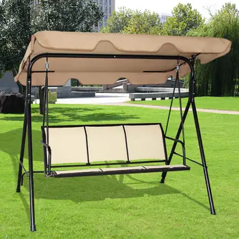 

Costway 3 Person Outdoor Patio Swing Canopy Awning Yard Furniture Hammock Steel Beige