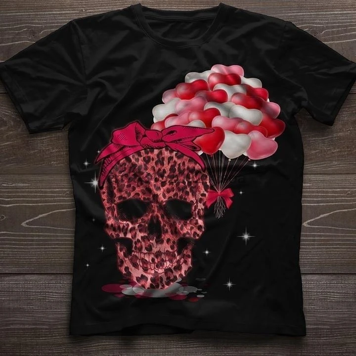 Skull Leopard Heart Balloons Valentine Gift T Shirt |