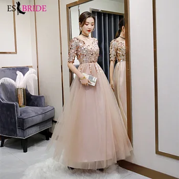 

Elegant Champagne Sequin Evening Dresses ES2961 A-Line O-Neck Half Sleeve Gorgeous Women Formal Party Gowns Robe De Soiree 2019