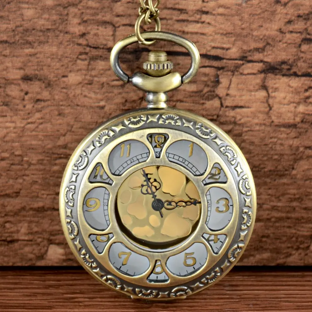 

IBEINA Retro Bronze Roman Number Hollow Quartz Pocket Watch Chains Antique Men Women Gold Dial Pendant Necklace Clock Gift