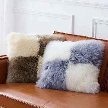 

Natural sheepskin fur plaid chair pad, thickness sheep fur pillow with core ,square cat or dog fur cushion