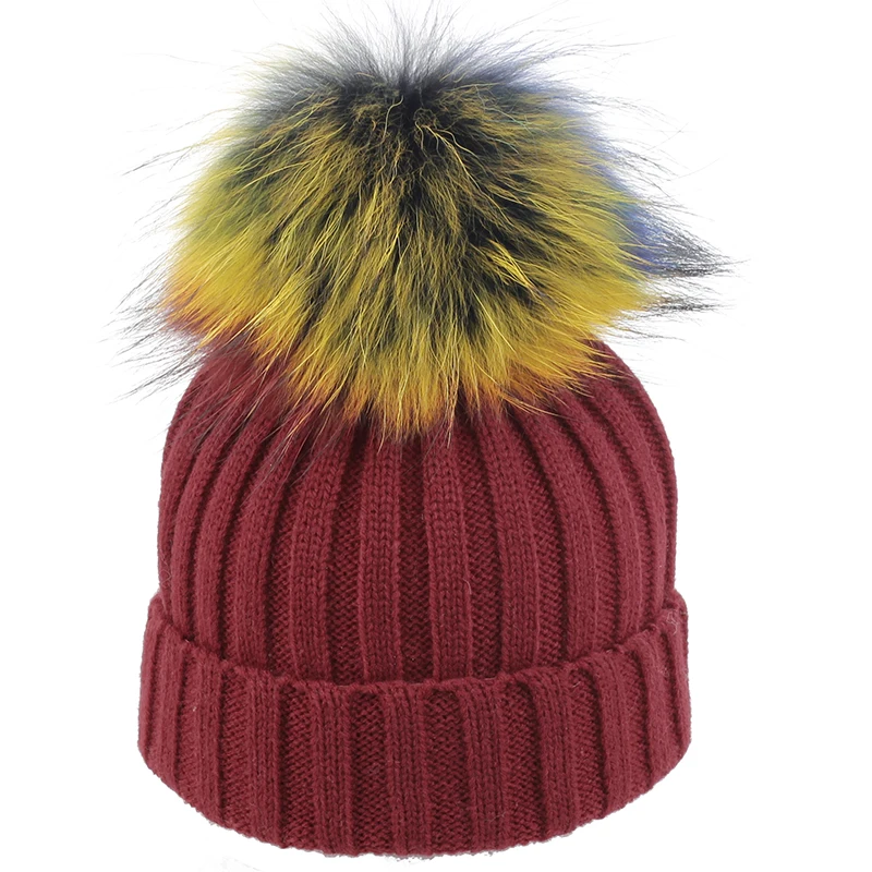 Geebro/мягкие зимние шапки с помпоном из натурального меха для маленьких мальчиков и девочек, детский акриловый ребристый вязаный шапочки, шапки и шапки - Цвет: red C