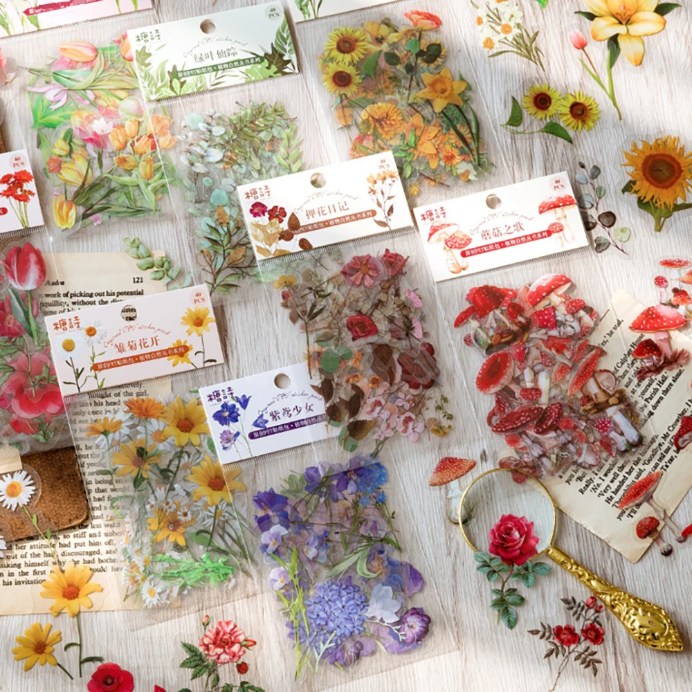40Pcs/bag Vintage Leaves Flowers PET Sticker Package DIY Diary Decoration Sticker Album Scrapbooking Plants Deco Stickers