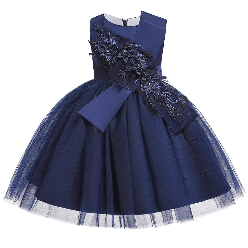 

Navy Blue Appliques Kids Party Dresses Short Tulle Little Girls Dresses for Wedding Party Evening in Stock
