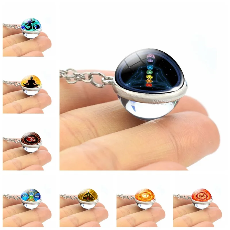 

7 Chakra Healing Silver Chain Necklace Yoga Meditation Double Side Glass Crystal Ball Pendant Necklaces Chakra Jewelry