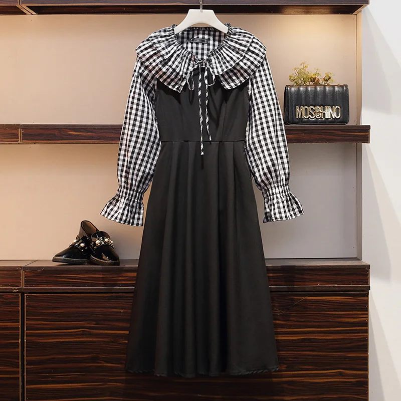 

Autumn Women Plus Size Two Piece Dress Set Bow Tie Doll collar Loose Plaid Blouse And A Line Pleated Vest Dress Casual 2Pcs Suit