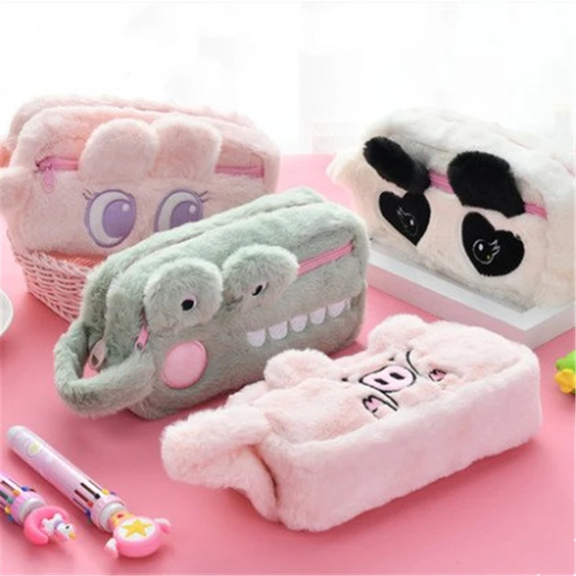 Portable plush pencil case cute animal pencil bag School stationery bag  Double layer pen case prize kawaii pen bag girl handbag